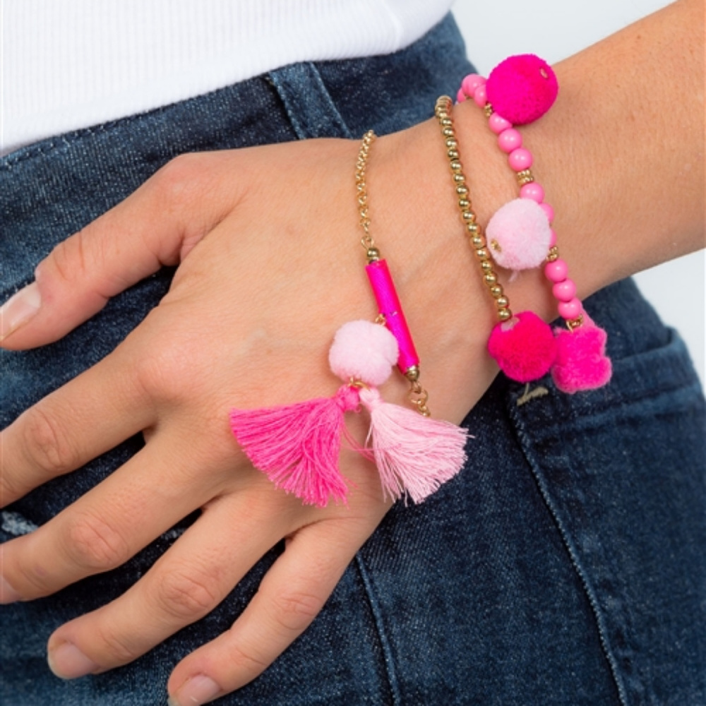 🆕 Set of 3 Pink Pom Pom Bracelets
